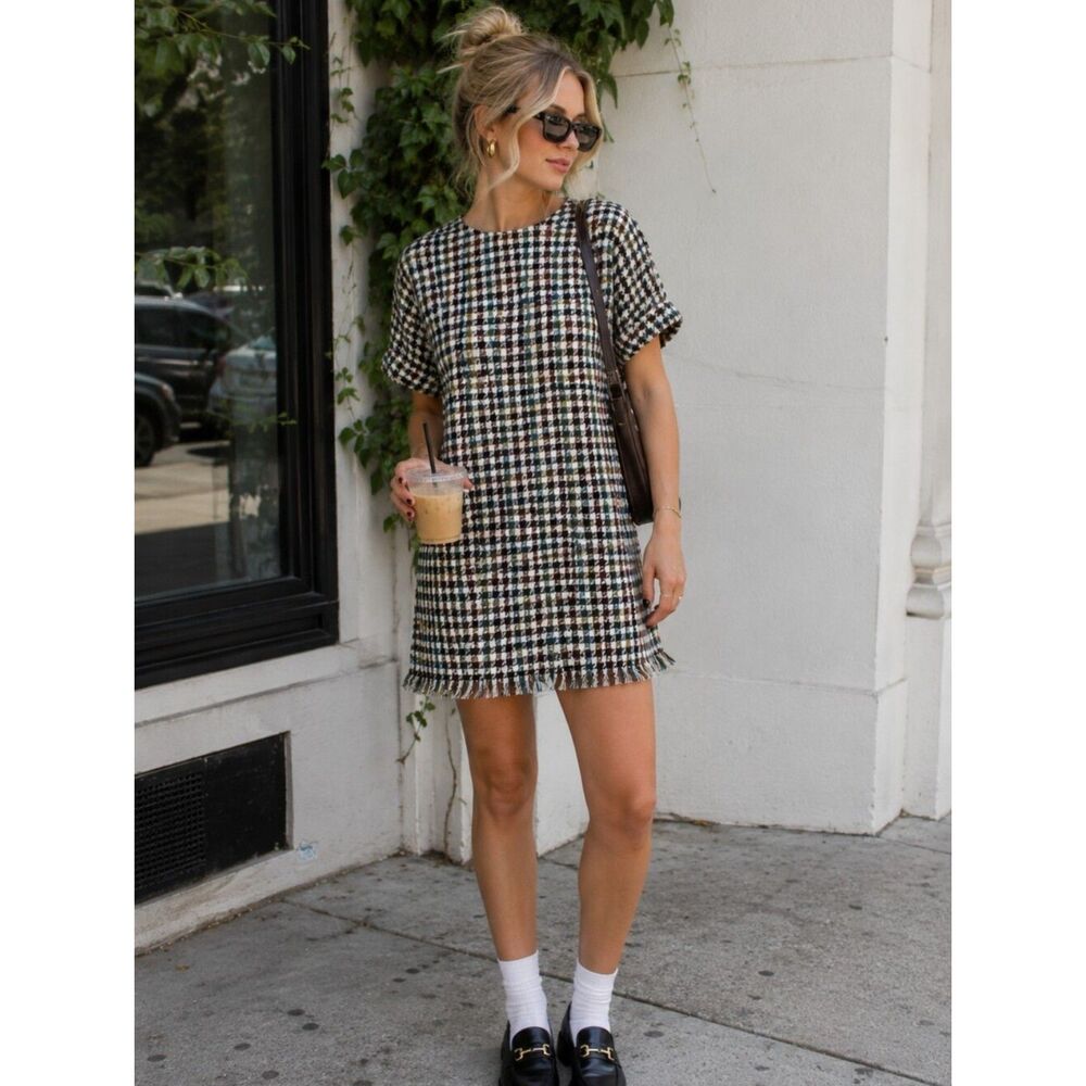 Zara Trafaluc Collection Colorful Houndstooth Fringe Dress 6 Winter Chic